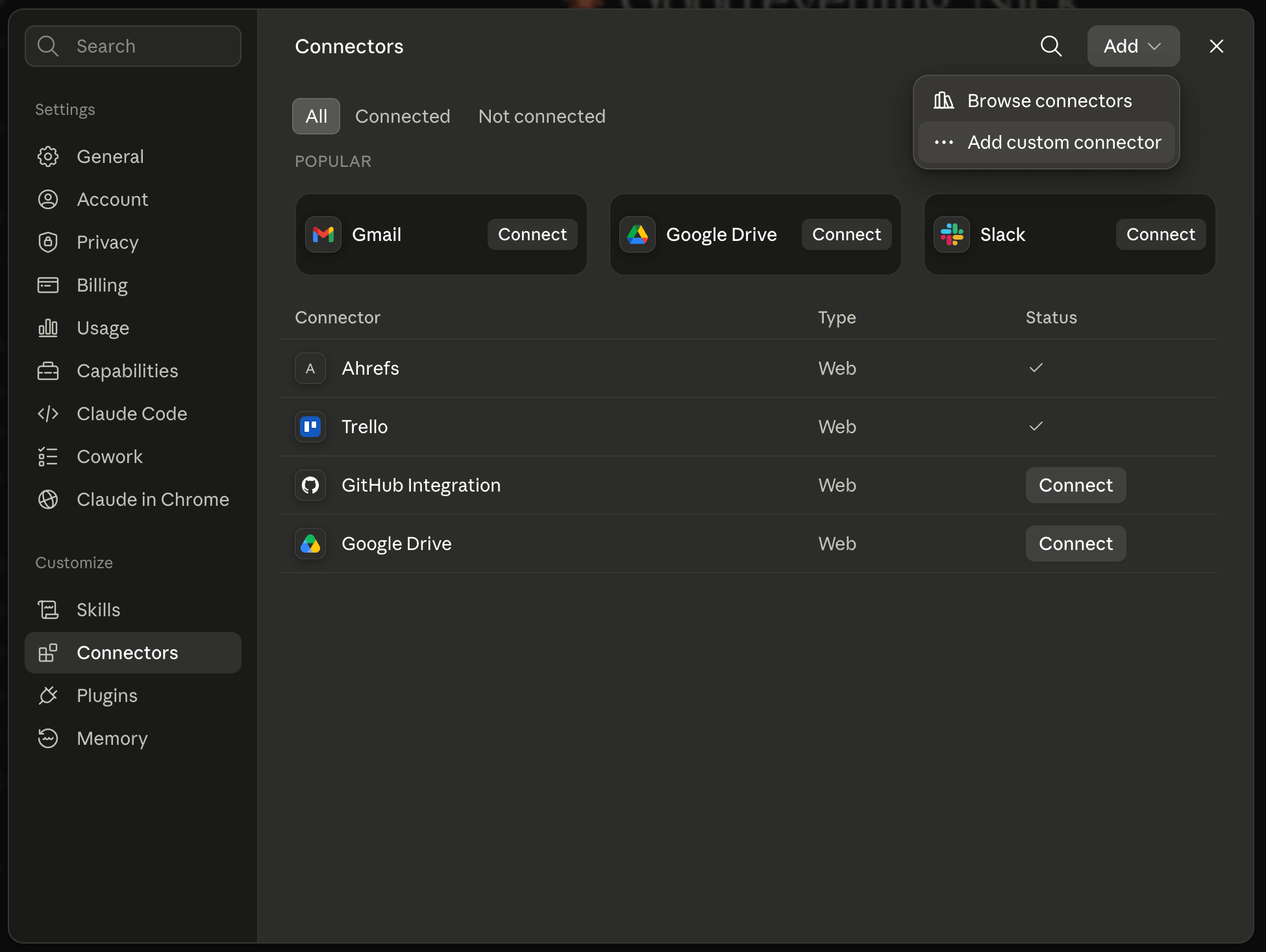 Claude settings on the Connectors tab with the Add menu open and Add custom connector highlighted