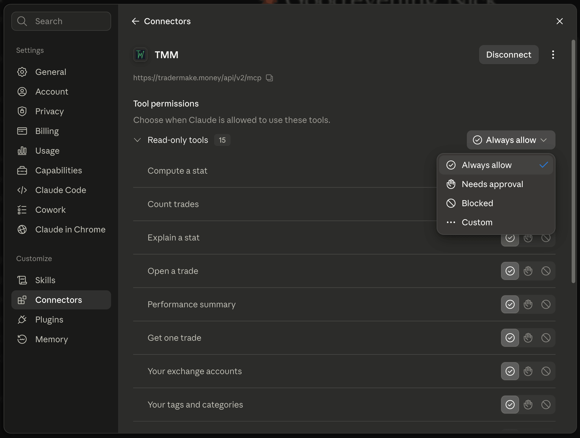 Claude tool permissions for TMM listing the read-only tools with Always allow selected