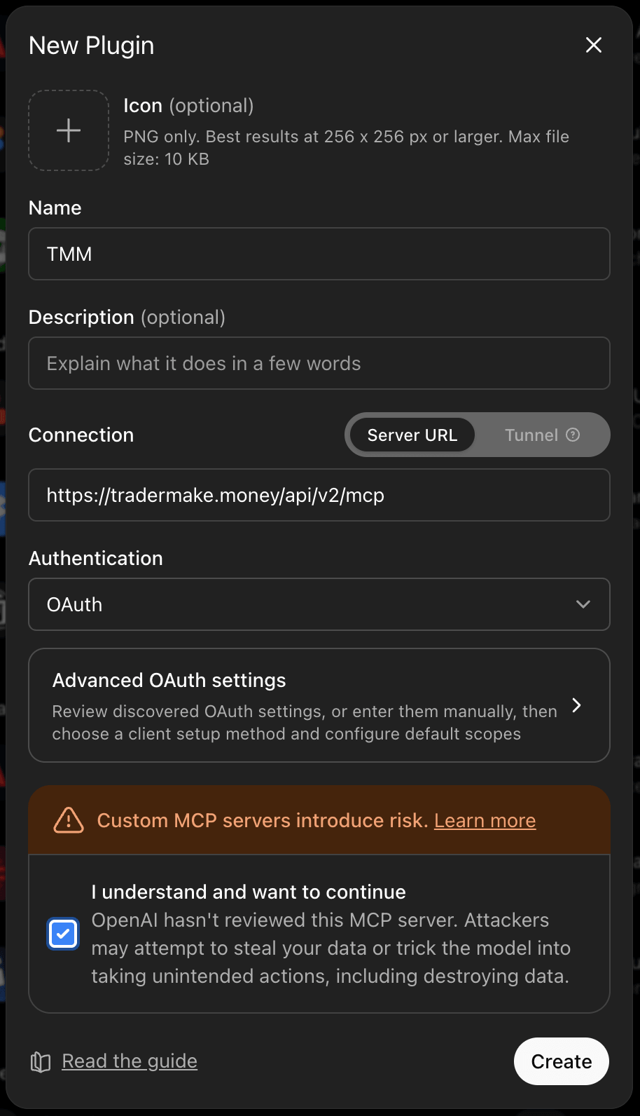 The New Plugin dialog filled in with the name TMM, the TMM server URL and OAuth authentication